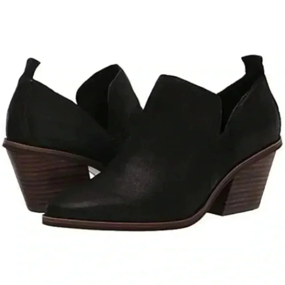 Lucky Brand Sauci Almond Toe Block Heel Leather Ankle Booties Black sz 7m